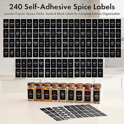 EDELHAUS® Square Spice Jars with Acacia Wooden Lid (Pack of 24) Spice Jars with Shaker Insert and 240 Labels - Acacia Lid Glass Container for Spice Organisation [4.3 in × 1.8 in]