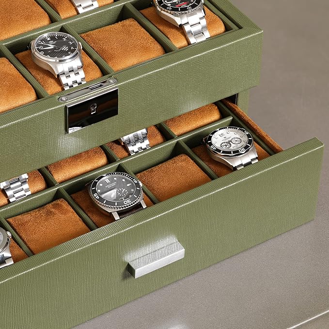 ROTHWELL 20 Slot Leather Watch box - Luxury Case Display Jewelry Organizer, - Locking Display Case Holder with Large Real Glass Top - Watch Box Organizer for Men and Women (Green/Tan)