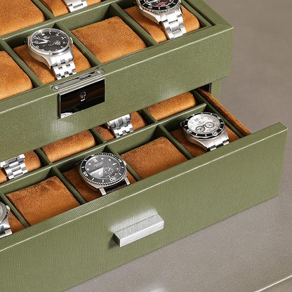 ROTHWELL 20 Slot Leather Watch box - Luxury Case Display Jewelry Organizer, - Locking Display Case Holder with Large Real Glass Top - Watch Box Organizer for Men and Women (Green/Tan)
