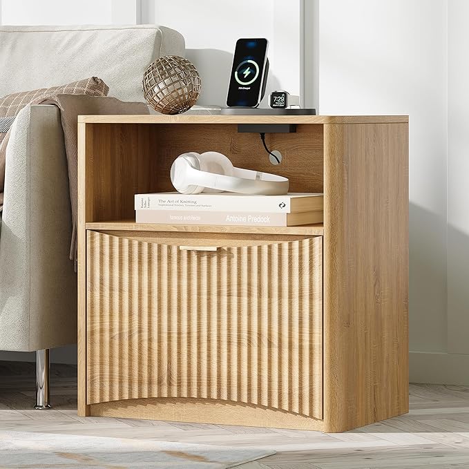 TROJM Night Stand with Charging Station, Modern Bedside Table with Drawer & Open Shelf Storage, Small Space Sidetable for Bedroom, Natural Oak
