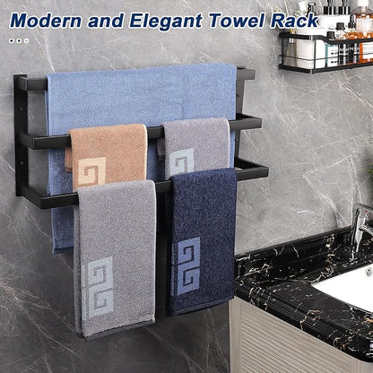 NearMoon Bathroom Towel Bar, Towel Rod Holder, Square Shelf Rack Hanging Towel for Bath, Thicken SUS304 Stainless Steel Towel Rack Wall Mounted-3-Tier Bath Accessories (24 Inch, Matte Black)