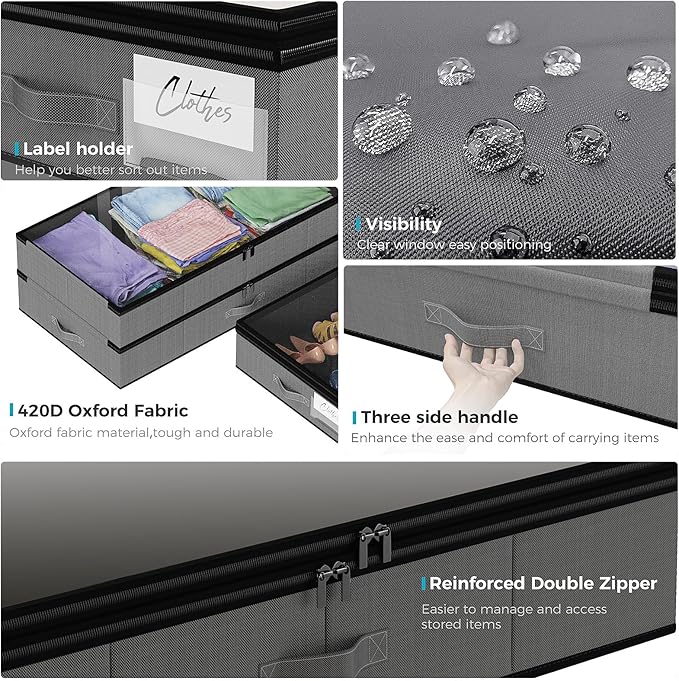 【4 compartments】2 Pack Under Bed Storage, Double Layer Extensible Underbed Storage Containers,Dust-free Clothes Storage Bins with Sturdy Sidewalls/Bottom,PVC Clear Window for Shoes Storage Organizer