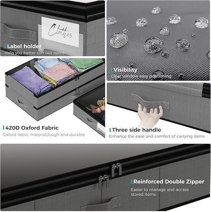 【4 compartments】2 Pack Under Bed Storage, Double Layer Extensible Underbed Storage Containers,Dust-free Clothes Storage Bins with Sturdy Sidewalls/Bottom,PVC Clear Window for Shoes Storage Organizer
