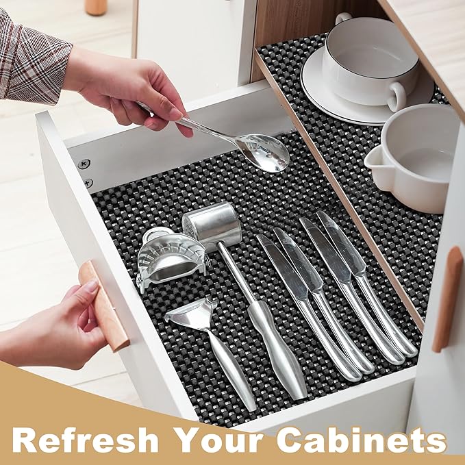 Shelf Liner for Kitchen Cabinet, Durable with Strong Grip, Non Adhesive Liners Protect Kitchen Cabinets and Cupboard, Pantry, Bathroom Drawers and Shelves, Desks-12" x 120" (Black)