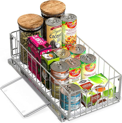 Simple Houseware Pull-Out Cabinet Sliding Basket Organizer, 17.2" D x 9.7" W x 5" H – Chrome Finished, Ideal for Kitchen and Bathroom Cabinet Storage, Under Sink or Pantry Organization