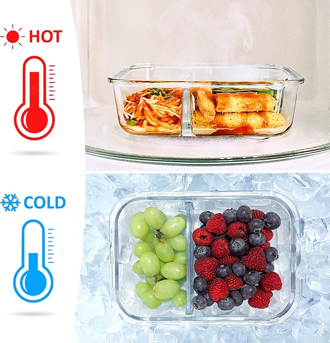 EcoPreps Glass Meal Prep Containers with Bamboo Lids, 2 Compartment Glass Bento Box Container Set (3 Pack) | 100% Plastic Free, Eco-Friendly, Lunch Containers with Lids Made of Bamboo - Set of 3