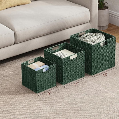 Vagusicc Wicker Storage Basket, Set of 2 Hand-Woven Paper Rope Wicker Basket, Foldable Cube Storage Bins, 9 inch Square Storage Baskets for Organizing Shelves & Decor, Green (9″×9″×9″)