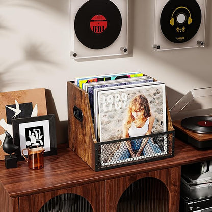 Vinyl Record Storage,Wooden Crate ‌Vinyl Holder with Dividers for Albums & Magazine Rack Organizer for 60+ Records Case Box for 7/10/12 inch