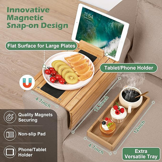Joy&Grace Couch Arm Tray, 3-in-1 Magnetic Detachable Sofa Arm Table with Phone and Tablet Holder Bamboo Couch Cup Holder, Foldable Sofa Armrest Tray for Eating, Drinks, Phones (Natural)