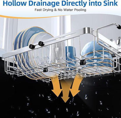 romision Expandable Dish Drying Rack Over The Sink Small Metal Stainless Steel Plate Holder for Compact Kitchen, Space Saving Modern Silver Hanging Drainer