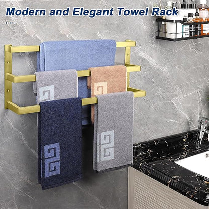 NearMoon Bathroom Towel Bar, Towel Rod Holder, Square Shelf Rack Hanging Towel for Bath, Thicken SUS304 Stainless Steel Towel Rack Wall Mounted-3-Tier Bath Accessories (24 Inch, Gold)