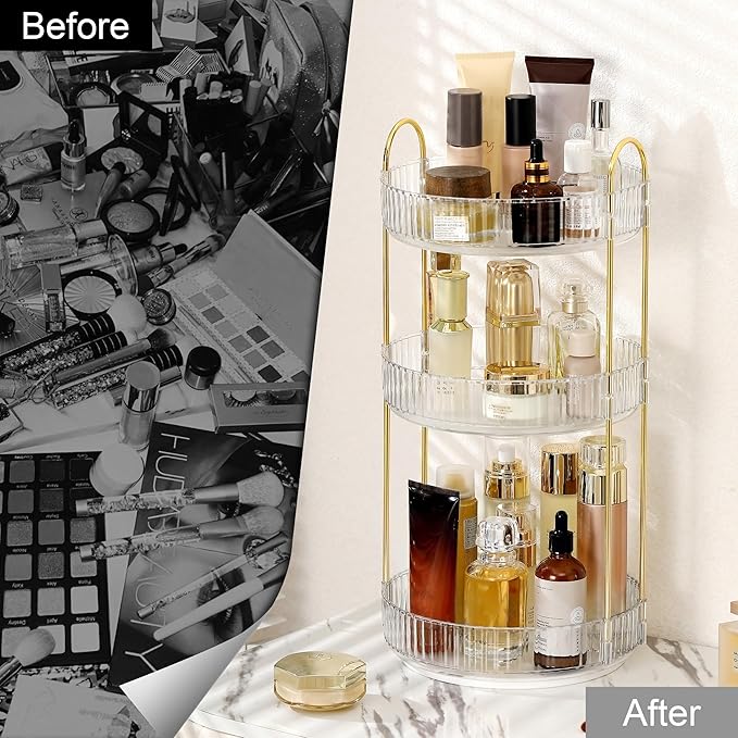 Weidace 360 Rotating Makeup Organizer for Vanity, Bathroom Countertop Spinning Perfume Organizer, High-Capacity Cosmetic and Skincare Dresser Make Up Holder Rack (3 Tiers, White)