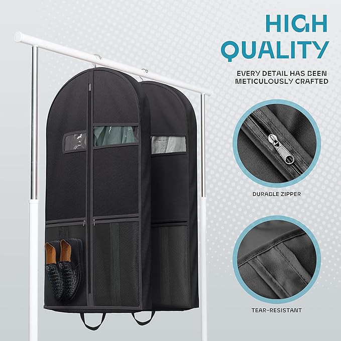 43" Travel Garment Bag with Accessories Zipper Pocket, Heavy Duty Suit Bag for Suits, Tuxedos, Dresses, Coats, Black, 1 pack
