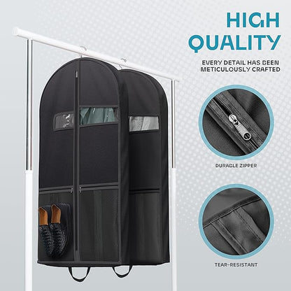 43" Travel Garment Bag with Accessories Zipper Pocket, Heavy Duty Suit Bag for Suits, Tuxedos, Dresses, Coats, Black, 1 pack