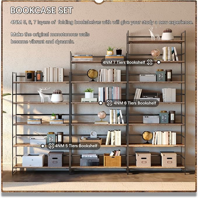 4NM No Assembly 6 Tiers Collapsible Book Shelves, 61.8" H Folding Bookshelf Bookcase Open Industrial Foldable Shelves for Bedroom, Living Room, Home Office - Rustic Brown Black