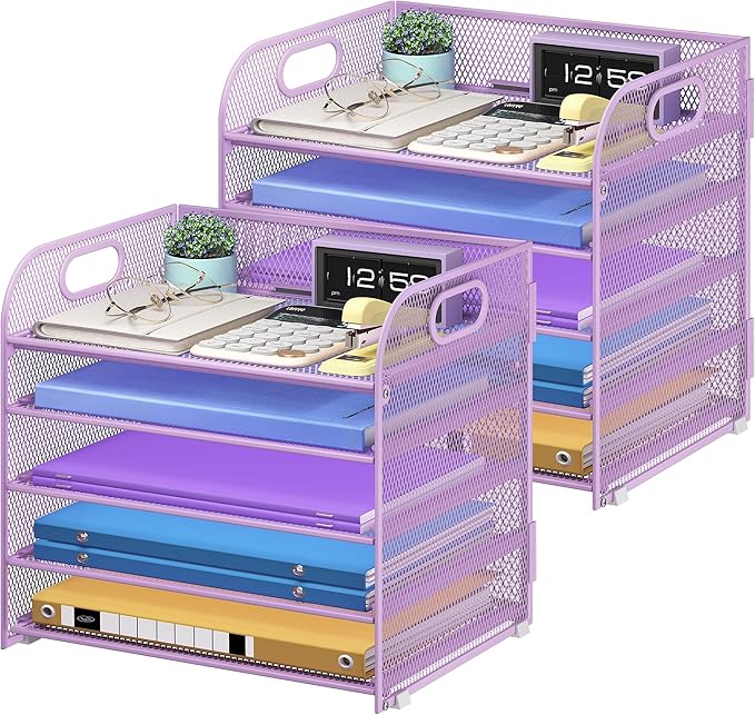 2 Pack 5 Tier Paper Organizer, Letter Tray with Handle, Mesh Desk Organizer, Metal File Organizer, Office Desk Accessories for Home, Office, Classroom, School -Purple