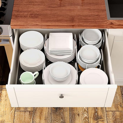 Dish Rack for Kitchen Countertop Organizer - Bamboo Plate Organizer for Cabinet Space Saver, Adjustable Stainless Steel 304 Plate and Bowl Holder with Portable Handle for Drawer Cupboard Shelf RV