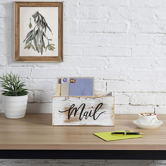 MyGift Mail Holder Storage Organizer Box Whitewashed Wood with MAIL Script Design, Desktop Letters, Bills, Notes and Postcard Bin for Home Office Dorm Room