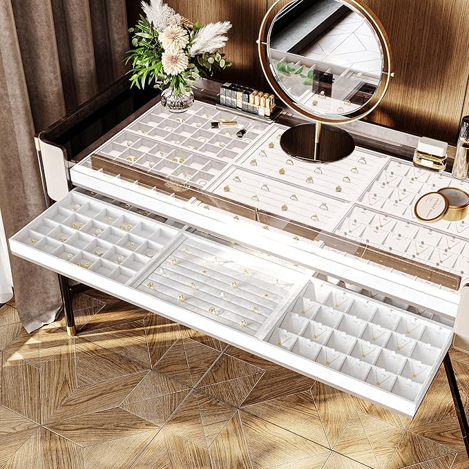 24 Grids White Leather Necklace Tray Jewelry Display Organizer Tray Drawers With Removable Jewellery Cards Necklace Bracelet Pendant Holder