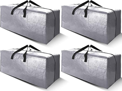 Cosy Family 4 Pack Heavy Duty Extra Large Moving Bags with Backpack Straps - Strong Handles & Zippers, Storage Totes For Space Saving, Fold Flat, Alternative to Moving Box (X-Large-Set of 4, Silver)