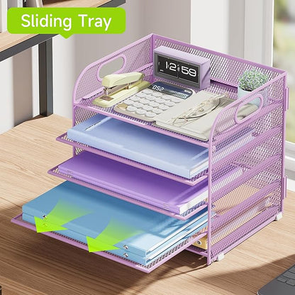 2 Pack 5 Tier Paper Organizer, Letter Tray with Handle, Mesh Desk Organizer, Metal File Organizer, Office Desk Accessories for Home, Office, Classroom, School -Purple