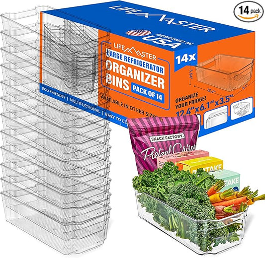14-Piece Stackable Refrigerator Bin Organizer Set with Easy Grip Handles - Clear Multi-Purpose Storage Bins for Fridge and Pantry Use