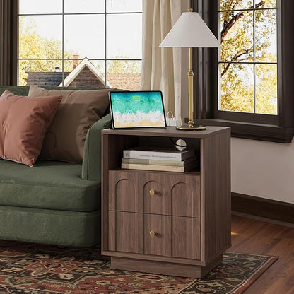 FORTUNETEC Nightstand Set of 2 with Charging Station, Mid Century Modern Nightstand with Arched Design, Minimalist End Table Wood Grain Bedside Tables for Bedroom or Living Room, Black