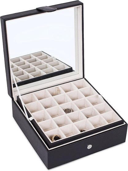 Internet's Best Faux Leather Grid Jewelry Box - 2-Tier Jewelry Organizer with 25 Slot for Rings, Earrings, Bracelets & Necklaces - Modern Style & Elegant Case with Velvet Lining & Mirror - Black
