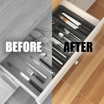 Expandable Silverware Drawer Organizer, Adjustable Utensil Tray with 8 Compartments for Kitchen Cutlery Storage, BPA-Free Plastic Flatware Holder, Smart Value Solution, Black