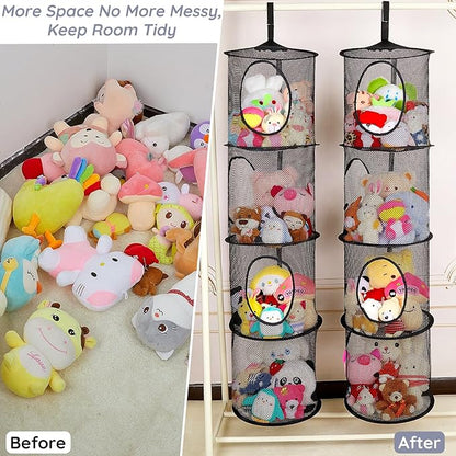 Basumee Stuffed Animals Net or Hammock 2 Pcs Stuffed Animals Storage Toy Net Hammock for Plushies Storage Organizer Mesh Kids Girls Room Decor, Black, 4 Tiers