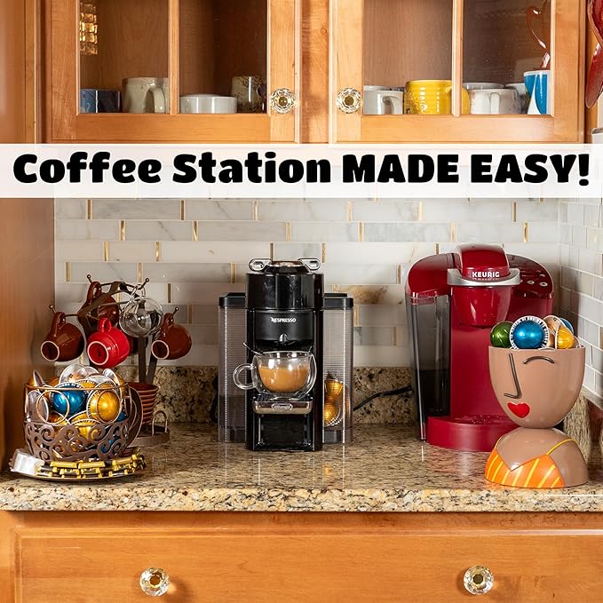 Made Easy Kit Coffee Pod Organizer Compatible with Nespresso Vertuo and Original - Countertop Sculpture Holder Basket Style for Café Bar, Corner Station Office Break Area (Orange Yellow Stripe)