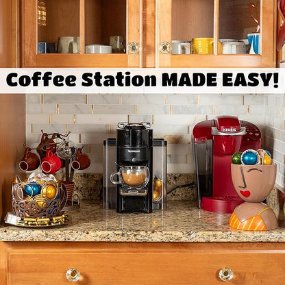 Made Easy Kit Coffee Pod Organizer Compatible with Nespresso Vertuo and Original - Countertop Sculpture Holder Basket Style for Café Bar, Corner Station Office Break Area (Orange Yellow Stripe)