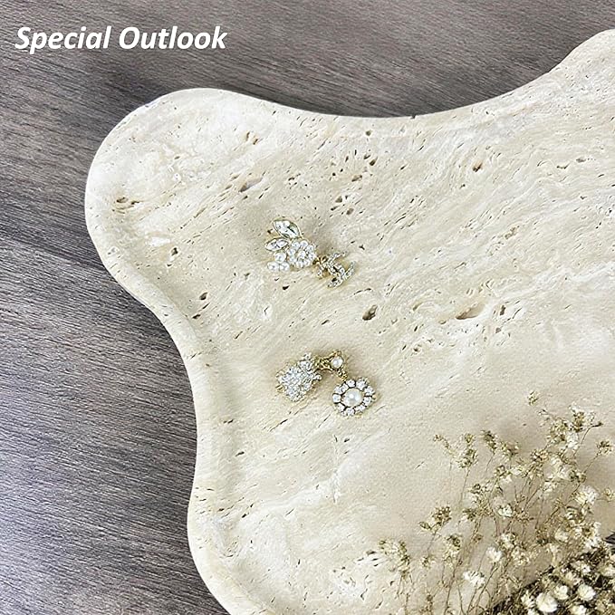 Cloud Shape 100% Natural Travertine Tray Luxury Travertine Vanity Organizer for Bathroom Kitchen Counter, Decorative Tray for Dresser Home Décor, 13.3x8.3x0.7 inches