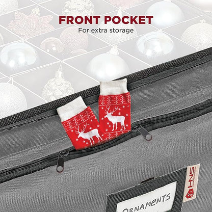Premium Christmas Ornament Storage Box – Holds up to 72-3” Ornaments + 6 Side Slots for Figurines & Nutcrackers – Holiday Decoration Organizer – Durable 600D Grey Canvas