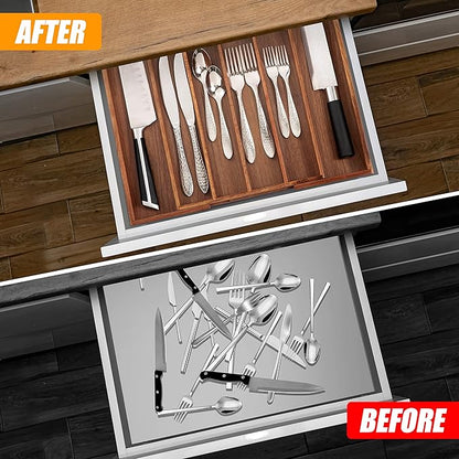 Bellsal Acacia Silverware Organizer Kitchen Drawer Organizer Expandable Bamboo Utensil Holder Cutlery Tray for Kitchen Utensil and Flatware Bedroom Office