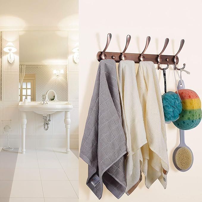 WEBI Coat Rack Wall Mount,Coat Hanger Wall,Coat Hooks Wall Mount,Wall Coat Rack,Hook Rack Rail,5 Triple Hooks for Hanging Coats,Jacket,Clothes,Antique Copper