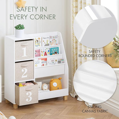 Spirich Kids Bookshelf with Storage Bins, Children Cube Storage Organizer, Montessori 3-Tier Book Display Rack, Book Shelf for Kids Rooms, Playroom, Nursery, White