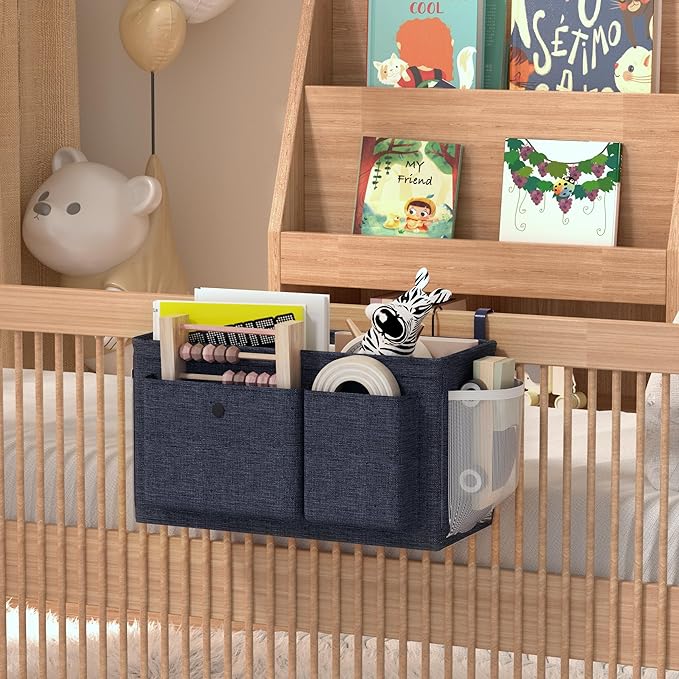Edudif Bedside Caddy Bedside Organizer with Fixed Straps & Water Bottle Holder, Bunk Bed Caddy ideal for Home, Dorm, Hospital, Crib, Versatile Bedside Storage Solution (Navy)
