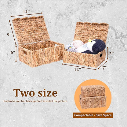 Scalloped Edge Wicker Basket with Lids, Rectangle Wicker Storage Basket with Built-in Handles, Multipurpose Organizer Rattan Display Boxes for Shelf, Nursery Room, Set of 2