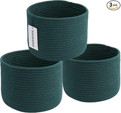 Woven Cotton Storage Baskets - 3-Pack Round Bins (10x10x7'') for Shelves, Closets & Bookcases | Durable Rope Organizers for Nursery, Baby, Toys, Easter & More (dark green)