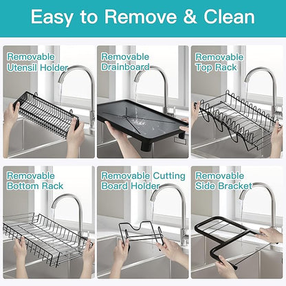 2 Tier Black Large Capacity Dish Drainers Drying Rack for Kitchen Counter, Metal Stainless Steel Rust Proof Plate Strainers Holder On Countertop with Drainboard Tray, Space Saving, Aesthetic Modern