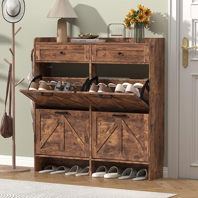 Shoe Cabinet with 4 Flip Drawers & 2 Storage Drawers, Rustic Farmhouse Narrow Shoe Organizer Cabinet, Slim Shoe Rack Cabinet, Shoe Storage Cabinet for Entryway, Hallway, Front Door