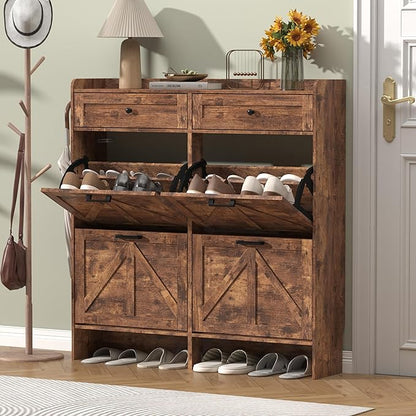 Shoe Cabinet with 4 Flip Drawers & 2 Storage Drawers, Rustic Farmhouse Narrow Shoe Organizer Cabinet, Slim Shoe Rack Cabinet, Shoe Storage Cabinet for Entryway, Hallway, Front Door