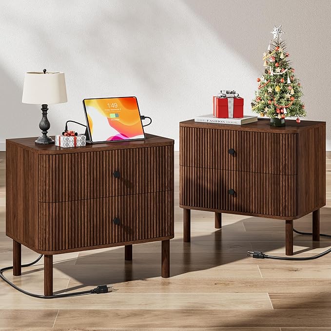 FavourLife Night Stand Set of 2 with Charging Station, 24" Large Fluted Nightstand with Rounded Corners & Solid Wood Legs, 2 Drawers Mid Century Modern Bedside Table for Bedroom, Walnut