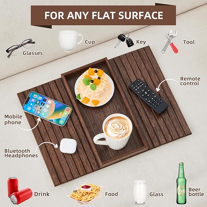Couch Arm Tray, Anti-Falling Bamboo Sofa Armrest Tray Table, Foldable & Portable Armrest Tray Cup Holder Side Table for Drinks, Coffee, Phone, Snacks, Remote