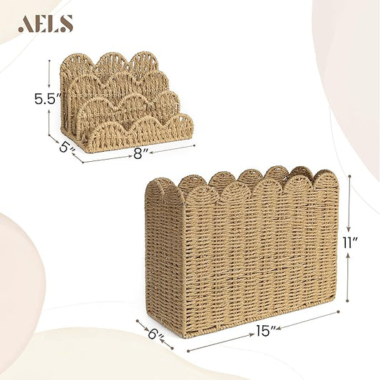 AELS Hand Woven Scalloped Basket Set of Mail Organizer and Magazine Holder, Coastal Style Mail Holder and Floor Magazine Rack, Boho Modern Farmhouse Book Basket Newspaper Bill Mail Sorter for Office