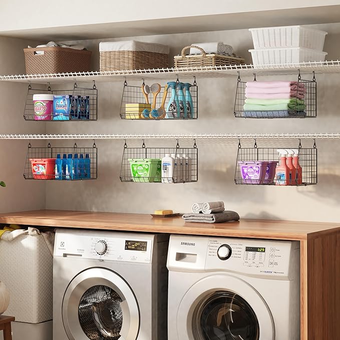 3-Pack Hanging Laundry Room Organizaton：Foldable Laundry Basket Wire Basket with 360°Rotating Hooks Small Space Organization Over Washer and Dryer Shelves - Hanging Closet Organizer, Black Patent