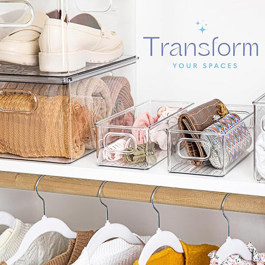 primebox Plastic Food Storage Clear Container Bin with Handles for Organizing Kitchen, Pantry, Refrigerator, Freezer, Pantry, Cabinet, Closet, Bathroom. Stackable 10"X4"3"