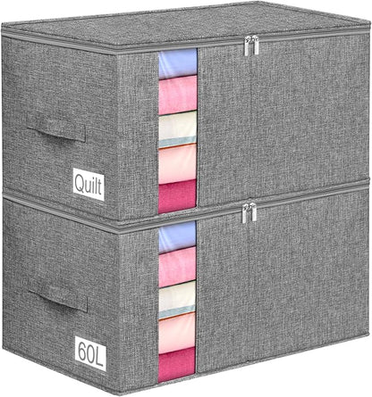 boailydi 60L Blanket/Comforter Storage Bag w/Rigid Side & Bottom Support, Stackable Clothes Storage Bin for Sweaters Bedding Sets Quilts Pillows, Closet Organizer, 21.7x14.2x11.8in, 2 Pack, Gray