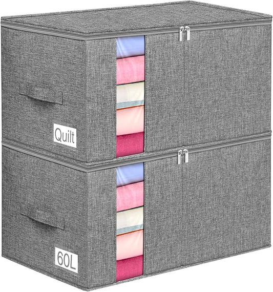 boailydi 60L Blanket/Comforter Storage Bag w/Rigid Side & Bottom Support, Stackable Clothes Storage Bin for Sweaters Bedding Sets Quilts Pillows, Closet Organizer, 21.7x14.2x11.8in, 2 Pack, Gray